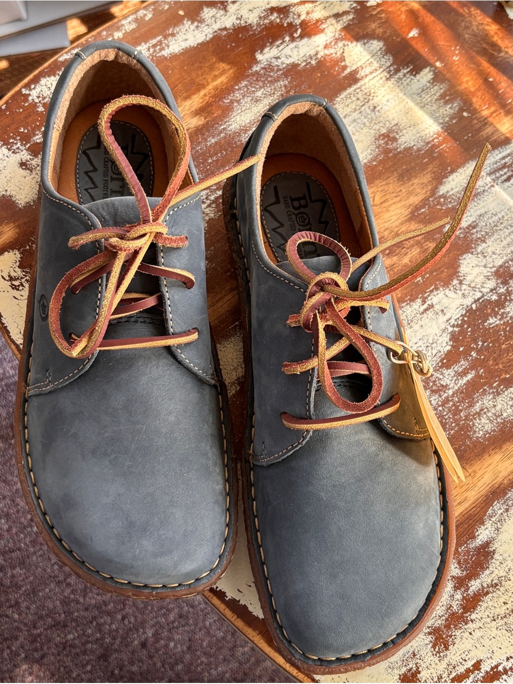 Born Ladies Leather Slate Blue Leather loafers with Tan Leather Laces Size 8.5
